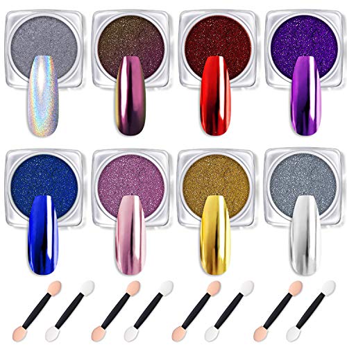 Modelones Chrome Nail Powder 8 Colors Holographic Nail Powder Manicure Mirror Effect Chameleon Laser Shimmer Nail Powder 8 PCS Eye Shadow Sticks