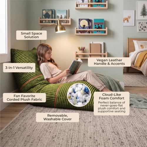 Image of Big Joe Turnabout 3-in-1 Convertible Kids Bean Bag Chair, Moss Green