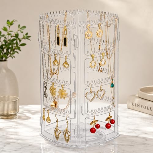 Image of DecoLogy 360 Rotating Transparent Acrylic Jewelry Organizer Tower | Earring Holder Stand with Necklace, Ring & Bracelet Storage | Dust-Free Jewelry Display Organizer for Women | 1 Piece