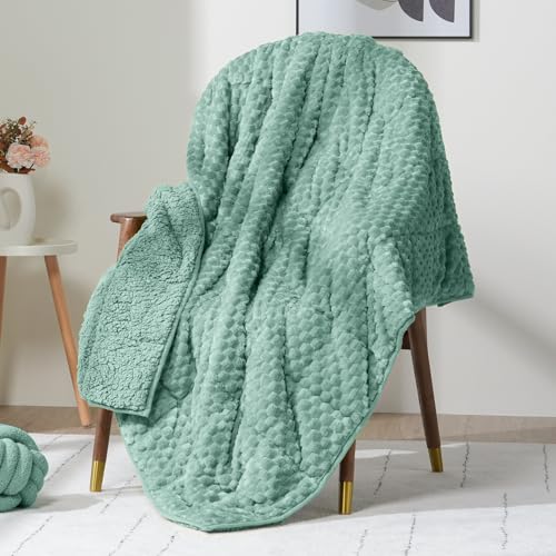 Wemore Fleece Weighted Blanket for Adults (60" x 80" 20lbs, Green), Dual Sided Cozy Soft Sherpa Heavy Blanket, 3D Imitation Turtle Shell Warm Jacquard Flannel Weighted Blankets for Couch and Bed