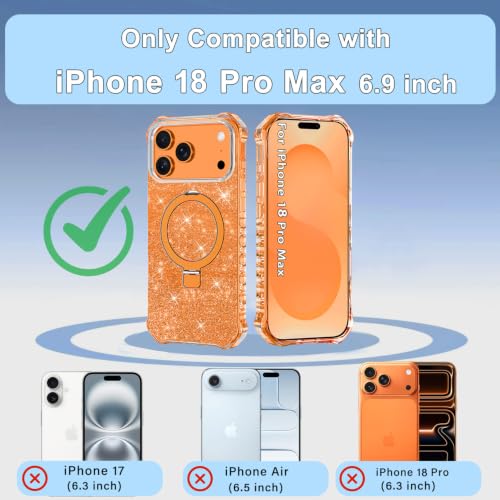 Shecaset for iPhone 18 Pro Max Case,[Compatible with MagSafe][Invisible Magnetic Ring Stand],Slim Iridescent Wavy Women Girls Case for Apple iPhone 18 Pro Max 6.9"(2026),Glitter Orange - image 2