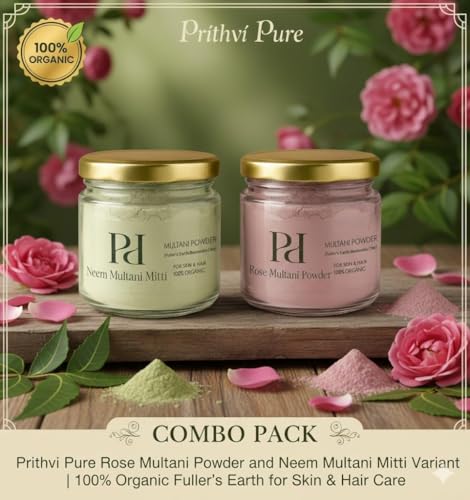 Image of Multani Mitti Combo Set 200g Each - Rose & Neem | 100% Organic Fuller's Earth for Face, Hair & Skin Care | Natural Oil Control, Acne & Tan Removal