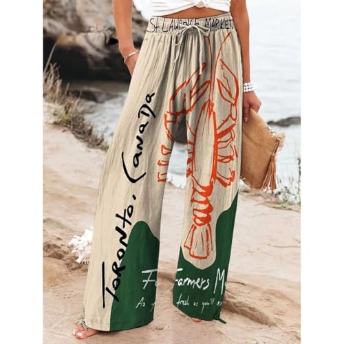Women's Sardine Graphic Palazzo Pants Elastic Wide Leg High Waisted Vacation Baggy Boho Pants with Pockets4