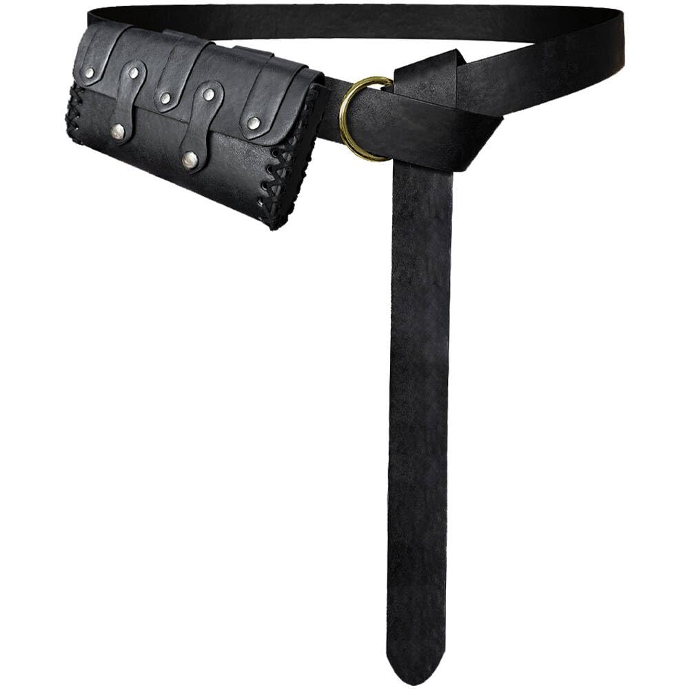 CALFOVERA Medieval PU Leather Belt Waist Bag with 164CM O Ring Belt Renaissance Pouch Vintage Portable Leather Waist Bag for Ren Faire Cosplay Halloween Make-up Party(Black)