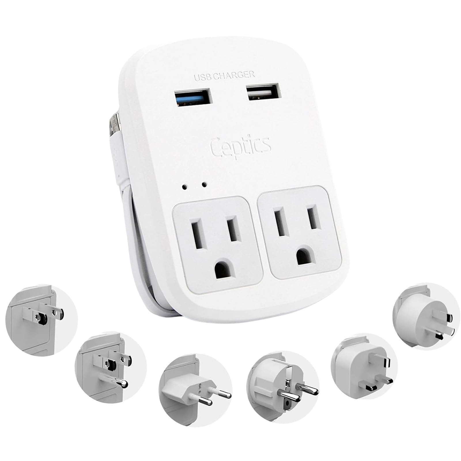 Ceptics Universal Travel Adapter, Dual USB (QC 3.0) + 2 US outlets + USB-C Cable, Use with Chargers, Cell Phones, Laptops, 6 Plug attachments for Worldwide use (Does Not Convert Voltage) (WPS-2B)