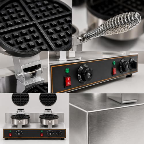 Image of Double Head Round Belgian Waffle Machine, Commercial Electric Waffle Maker Machine, Professional Belgian Waffle Baker for Cafe Bakery