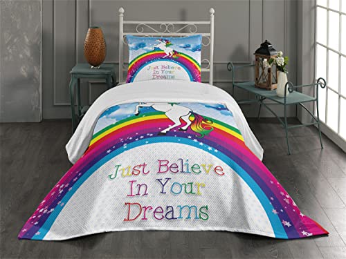 Ambesonne Fantasy Coverlet, Unicorn Surreal Myth Creature Before Rainbow Clouds Star Fantasy Girls, 2 Piece Decorative Quilted Bedspread Set with 1 Pillow Sham, Twin Size, Pale Blue Pink