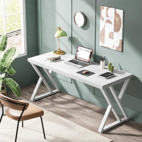 Image of Tribesigns Writing Computer Desk, 55 inch Heavy Duty Study Desk with Z-Shaped Metal Leg, Modern Simple Home Office Computer Desk, White