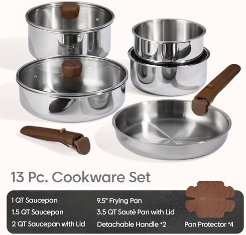 CAROTE 13pcs Tri-Ply Stainless Steel Cookware Set with Detachable Handle, Pots and Pans Set, Induction Kitchen Cooking Sets, RV/Camping Cookware, Oven Safe, Woodgrain Style - Thumbnail 3