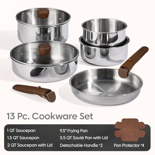 Image of CAROTE 13pcs Tri-Ply Stainless Steel Cookware Set with Detachable Handle, Pots and Pans Set, Induction Kitchen Cooking Sets, RV /Camping Cookware, Oven Safe, Woodgrain Style