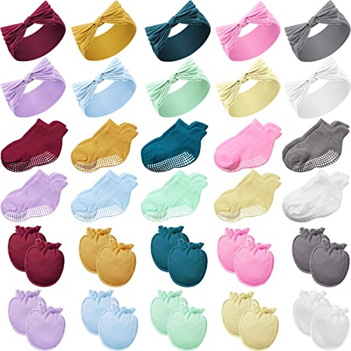 Image of Geyoga 30 Pieces Baby Bow Knot Nylon Headband Newborn Baby Non Scratch Mittens Baby Non Slip Ankle Socks for New Born Baby