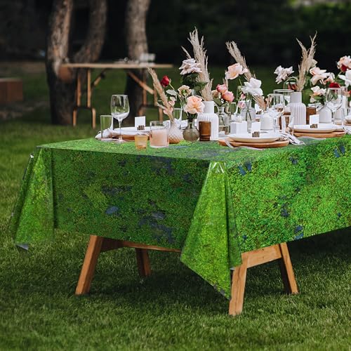 Image of Kochorie 100 Ft x 54 Inch Green Moss Tablecloth Roll with Slide Cutter Box Disposable Green Grass Plastic Tablecovers Cut to Size Tablecloth Jumbo Jungle Backdrop for Birthday Picnic Baby Shower