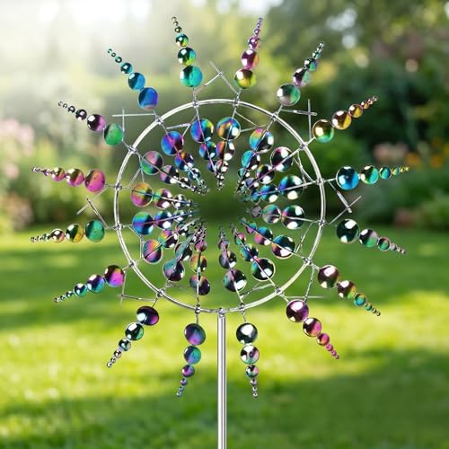 Windspiel GartenMetall Windmühle 3D Windbetriebene Kinetische Windrad Garten Metall Rostfrei Gartenstecker Windspiel für Terrasse Rasen und Garten Dekoration Multicolour (B)