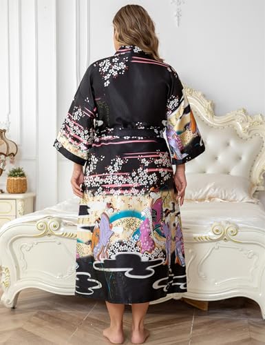 Image of Women's Floral Long Satin Robes Plus Size Long Silk Robes Peacock Floral Kimonos Sleepwear Dressing Gown