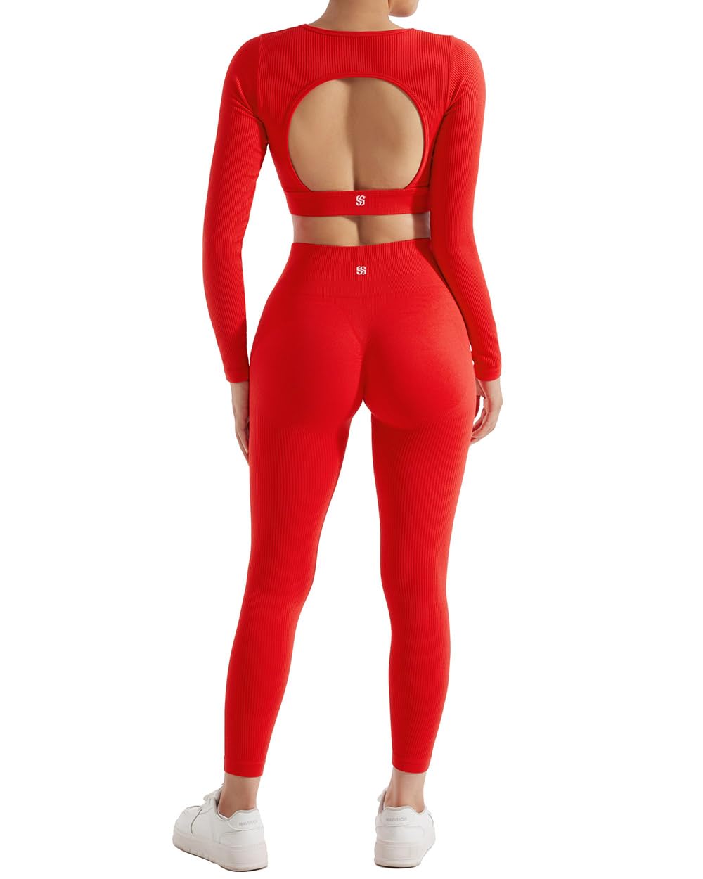 SUUKSESS 2 Piece Workout Sets for Women Long Sleeve Gym Sets Woman Butt Lifting Leggings Open Back Crop Tops: #2 Red Small