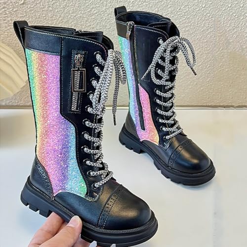 Girl's Sparkly Knee High Boots Comfort Side Zipper Lace-up Long Boots Fashion Colorful Combat Shoes4