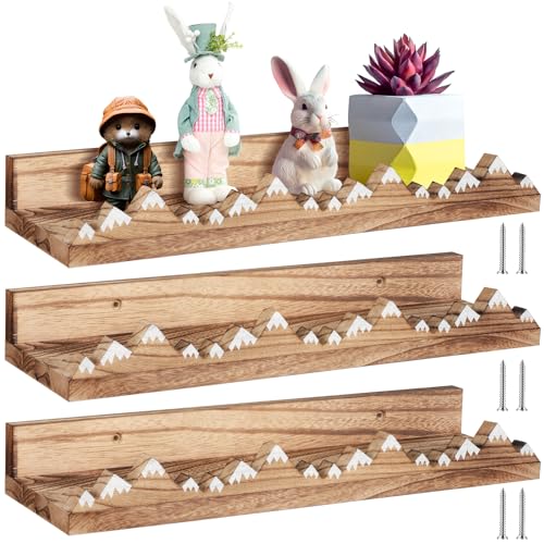 Image of Wenqik 3 Pcs Snow Mountain Floating Shelves Wood Nursery Book Shelves Wall Mounted Rustic Floating Ledge for Kids Room(Light Brown)
