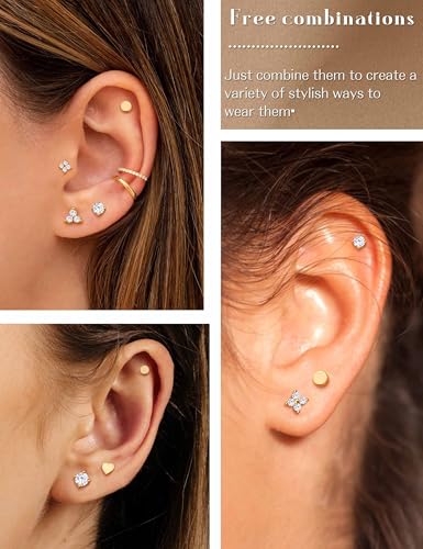 14K Gold Stud Earrings For Women Hypoallergenic - 925 Sterling Silver Small Earrings Stacks For Sensitive Ears Trendy Dainty Cute Cubic Zirconia Heart Flower Cartilage Tragus Earring Sets For Multiple Piercing Jewelry 3Pairs4