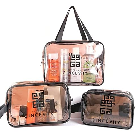 behone 3 pcs Clear Tote Bag, Clear Bags for Makeup, PVC Zippered Toiletry Carry Pouch with Zippers Waterproof Clear PVC Portable Travel Luggage Pouch Airport Airline Vacation Cover