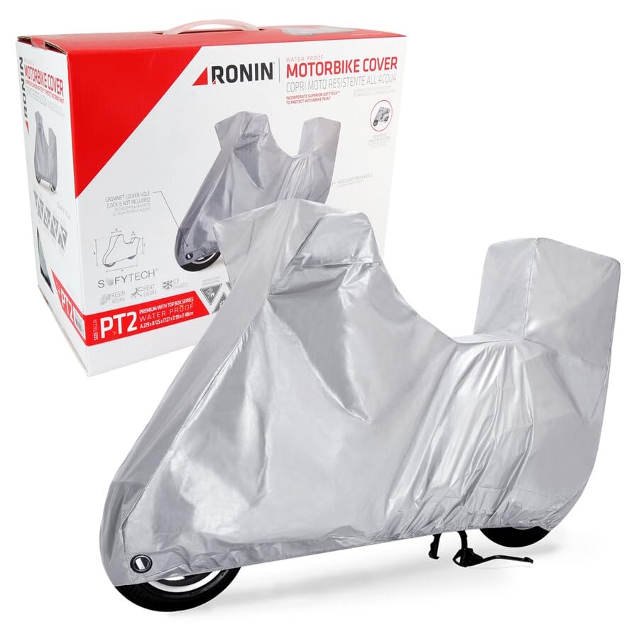 RONIN Telo Coprimoto Impermeabile Universale, Parapioggia Paravento Anti UV per moto Motorino Scooter. | Presagomato Parabrezza e Bauletto | (PT3 246x127x130x104x48c)
