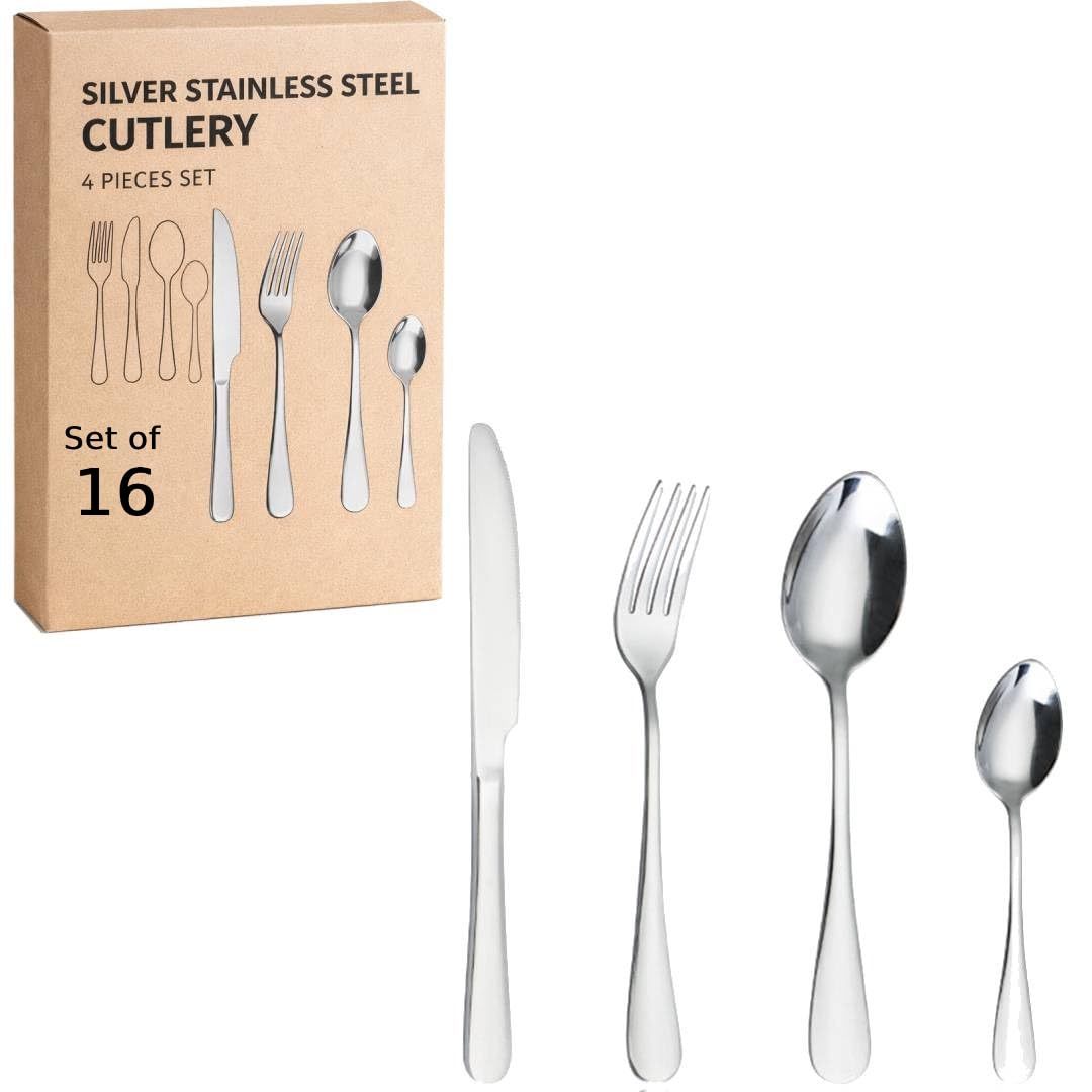 ANH MART Silver Spoon Set Premium Stainless Steel Flatware Set Mirror Polished Cutlery Utensil Set Durable Home Kitchen Eating Tableware Set,Include Fork Knife Spoon Set (Silver Spoon 16)