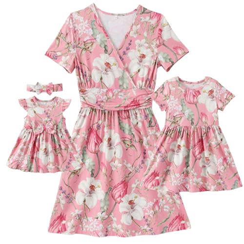 Image of Mommy and Me Floral Dresses Mother Daughter Matching Short Sleeve Tshirt Midi Dress Crew Neck Outfits with Pockets