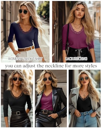 3 Pack Women's 3/4 Sleeve Tops V Neck Cotton Ribbed Lace Sexy Shirts Slim Fit Casual T-Shirts Tight Going Out Top 5