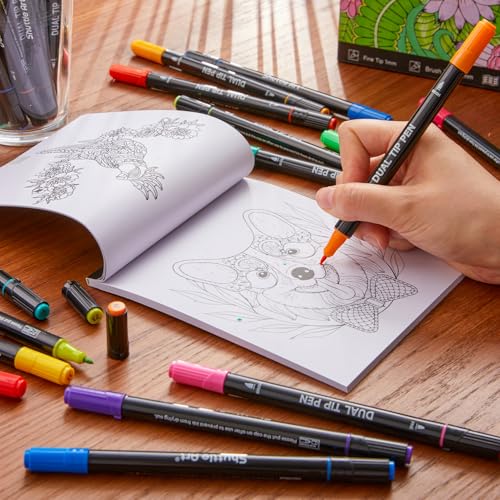 Image of Shuttle Art Dual Tip Brush Pens, 96 Colours Fine and Brush Tip Markers Set with Pen Holder & 1 Colouring Book, Felt Tip Colouring Pens for Adults and Children Colouring Calligraphy Journal Doodling