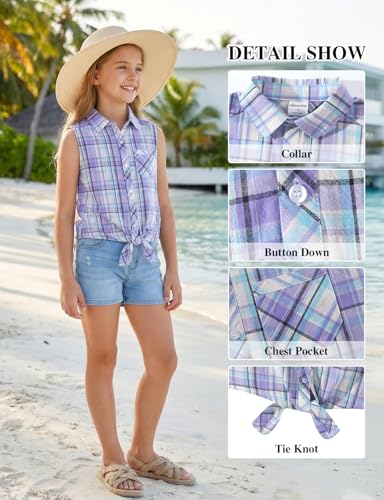 Image of Noomelfish Girls Sleeveless Button Down Shirt Tie Knot Blouse Western Cowgirl Outfit (5-12 Years)