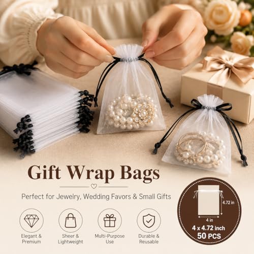Image of Hopttreely 50PCS White Organza Bags with Black Drawstring, 4x4.72INCH Multi-Purpose Mesh Gift & Fruit Protection Bags for Wedding Favors, Jewelry, Christmas, Sachet, Easter, St. Patrick's Day, Party Supplies, Garden Plant Netting