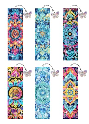 Puraikcmi 6 PCS 5D DIY Diamond Art Bookmarks Mandala Diamond Painting Bookmarks Kits with Tassels Acrylic Rhinestone Crafts Decoration Gift Set for Book Lovers Beginners & Adults