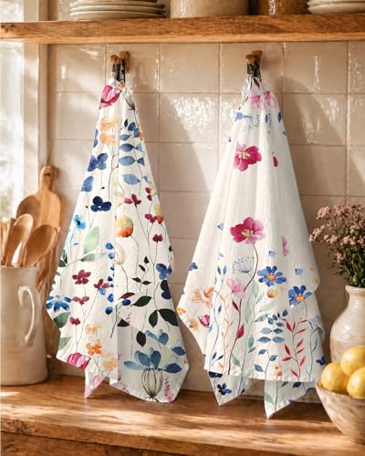 Image of Miss Adola 4PCS Flour Sack Towels - 18 inchx 26 inch Floursack Dish Towels with Hanging Loop Set of 4 Cotton Tea Towel Absorbent Retro Decorative Dishcloth for Drying Home Decor Housewarming Gift, Wild Flower