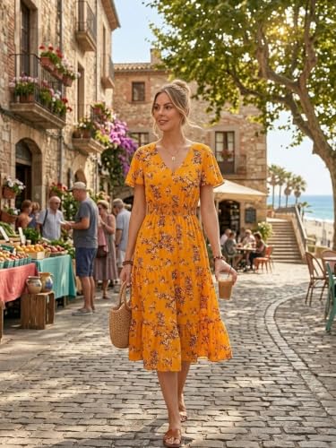 Image of Bridesmay Women's Summer Floral Midi Dress V Neck Short Sleeve A-Line Casual Beach Vacation Dresses Flowy