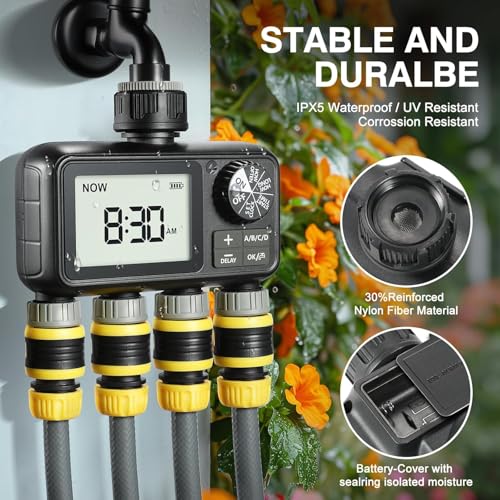 Image of LABART Sprinkler Timer, 4 Outlets Programmable Water Timer with Brass Inlet for Garden Hose, Outdoor Hose Timer with Rain Delay /Manual /Automatic Watering System, Digital Irrigation Timer for Yard /Lawn