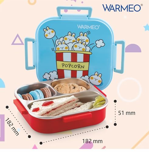 Image of WARMEO Jerry Insulated Lunch Box with Three Compartment BPA Free, Kids Lunch Box,Food Grade Ideal for School, Picnic, Office & Outdoor - 500ml Popcorn, Stainless Steel