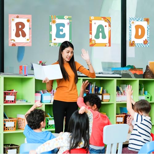 Image of COCHIE Reading Posters for Classroom Decorations, Library Reading Corner Decor, Read Signs Poster Bulletin Board Set of 4, Pre-k Preschool Kindergarten Classroom Wall Decoration (Groovy)