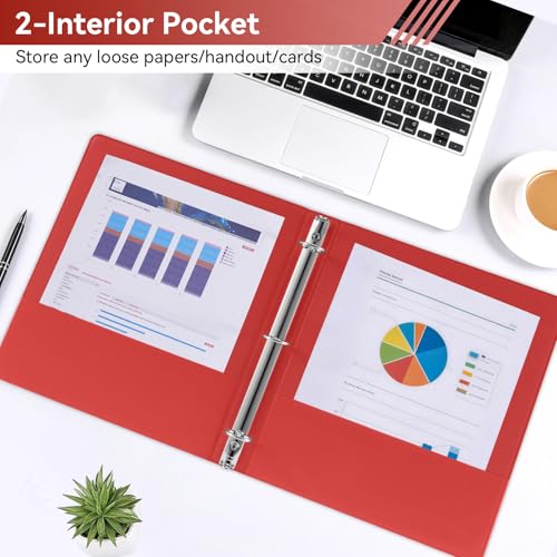 Image of SUIN 1 Inch 3 Ring Binder, Clear 1'' View Presentation Binders with 2 Pockets, Fits 8.5 x 11 Letter Size, Durable Polypropylene, Non-Stick & PVC-Free for School, Office & Home (Red)