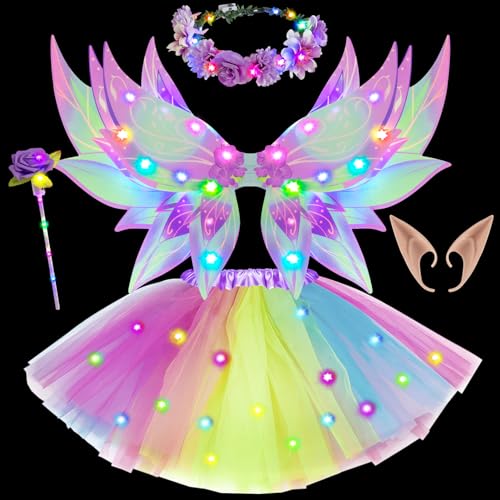 Ailes de Fée Lumineuses LED Enfant avec Oreilles Elfe et Baguette