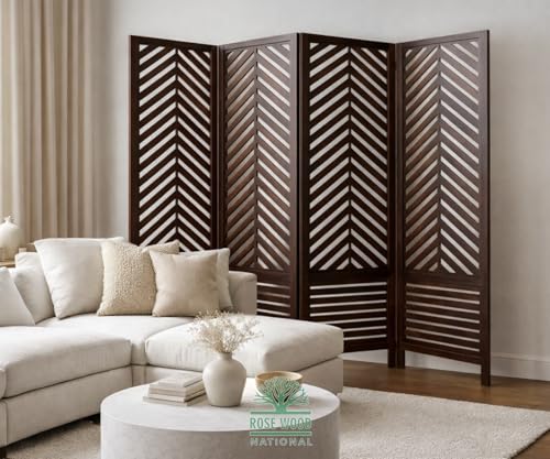 Image of Wooden Room Divider 6 Feet, 4-Panel Folding Wooden Partition for Living Room, Office, Pooja Room, Restaurant, Kitchen & Balcony (2W x 1.82H Meters). (Brown-Conical Pattern)