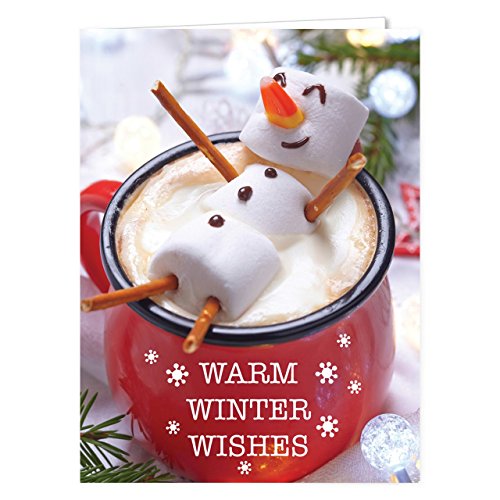 Canopy Street Cocoa Snowman Holiday Card Pack / 25 Winter Wishes Cards Set/Hot Chocolate Marshmallows Greeting With Inside Verse / 4 5/8' x 6 1/4' Cozy Christmas Cards With White Envelopes