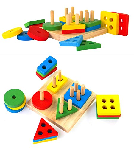 Image of SHINETOY ENTERTAIN KIDS Wooden Stackable Blocks & Shape Sorting Board | Geometric Shape Stacker | Eco-Friendly & Non-Toxic Wooden Toy | Early Childhood Development Toys for Fine Motor Skills, 16 Pcs