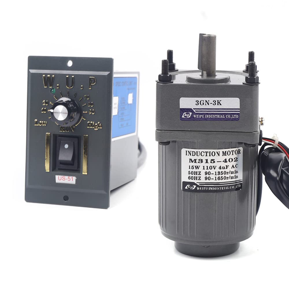 Variable Speed Geared Motor, 110V AC Gear Reduction Motor Adjustable Single-Phase High Torque Electric Gear Motor with Speed Controller 0-450RPM 15W 3K(Reduction Ratio 1:3)
