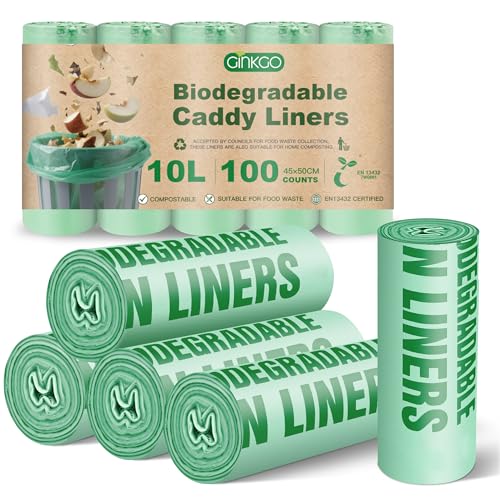 Ginkgo 100 Pack Compostable Food Waste Bags 10L Heavy Duty (7kg Capacity) Kitchen Caddy Liners Plant-Based Biodegradable Bin Bags