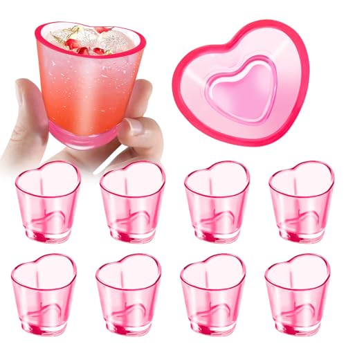 Plastic Shot Glasses of 8 Pcs, 1.5 oz Cute Pink Shot Glasses Set, Heart Shaped Shot Cups Bulk, Reusable Mini Beer Stein Tasting Glass Juice Cups for Whiskey, Tequila, Vodka, Mother's Day Decor