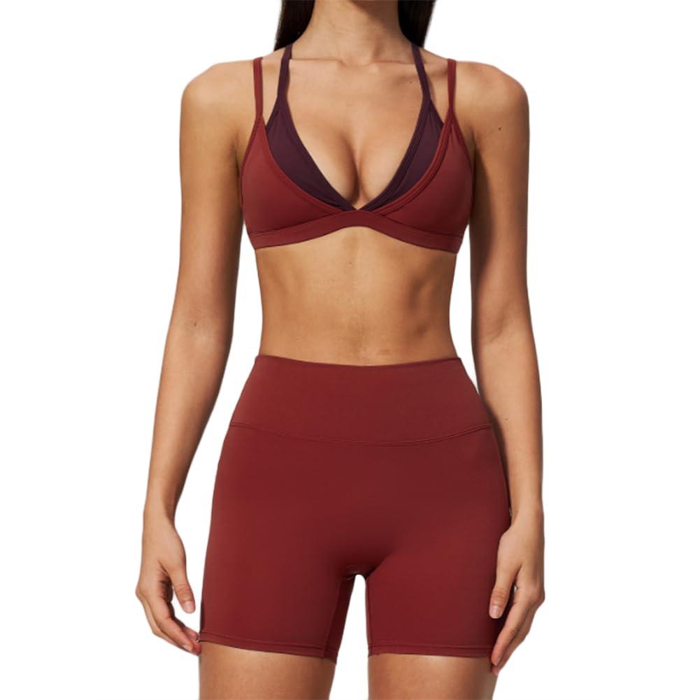 Reggiseno sportivo senza schiena shorts abbigliamento da corsa completo | Reggiseno sportivo scollo V a doppie spalline abbinato a shorts vita alta modellanti tessuto morbido elasticizzato