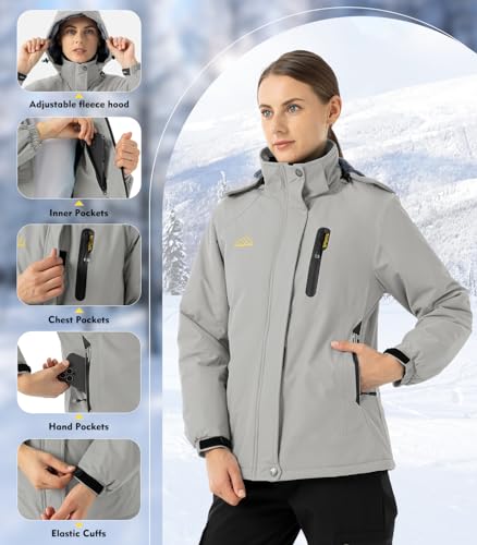donhobo Damen Outdoor Winterjacke Winddichte Wasserdicht Softshell Jacke Warm Fleece Skijacke Funktionsjacke mit Abnehmbarer Kapuze, Hellgrau, XXL