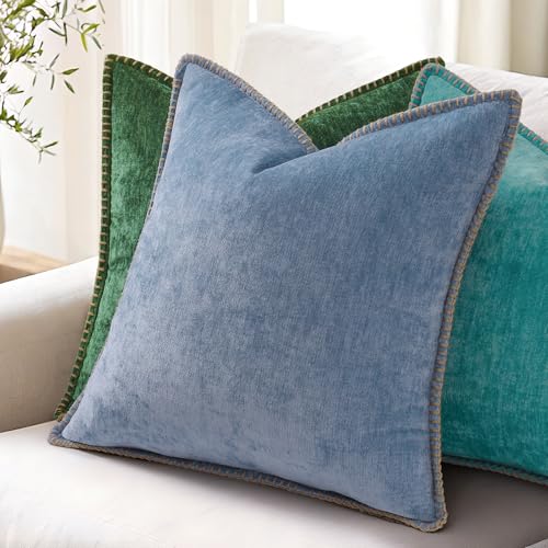 Image of decorUhome Fall Chenille Soft Cozy Throw Pillow Covers 26x26 Set of 2, Modern Farmhouse Boho Velvet Decorative Euro Sham Pillow Cases with Stitched Edge for Couch Sofa Bed Home Decor, Turquoise