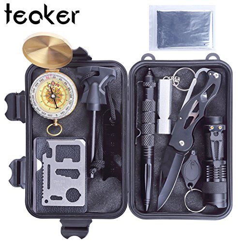 Outdoor Survival Kit 10 in 1, Teaker Multi Professional Emergency Survival Gear Kits Survival Tools for Traveling Hiking Climbing Hunting Camping