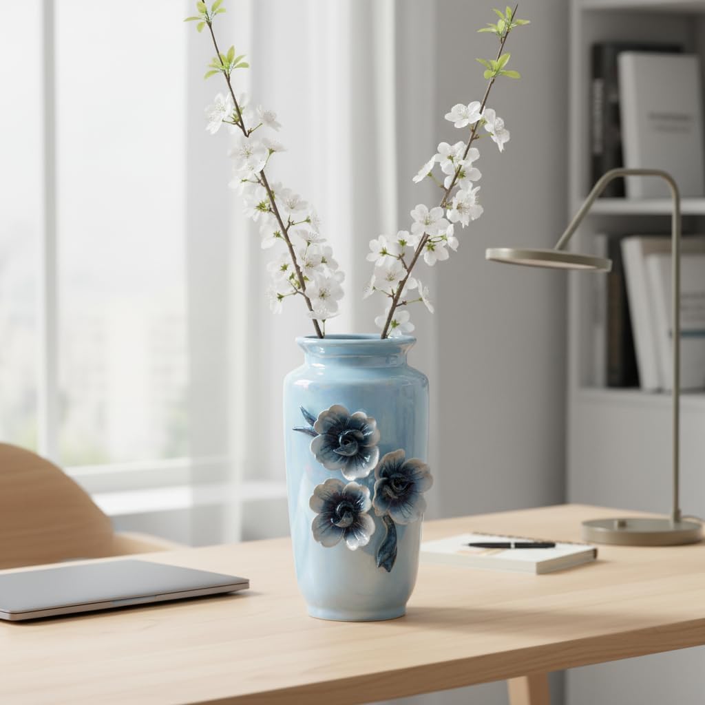 Blue Ceramic Vase 7 Inch - Small Decorative Vase with Floral Pattern, Ideal for Coastal & Modern Home Decor, Bathroom and Shelf Accent
