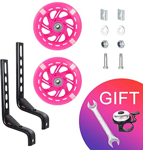 BNKIHDD Bicycle Training Wheels Flash Mute Wheel with Adjustable Kids Stabilizers Mounted Kit Compatible for Bikes of 12 14 16 18 20 Inch (Pink)